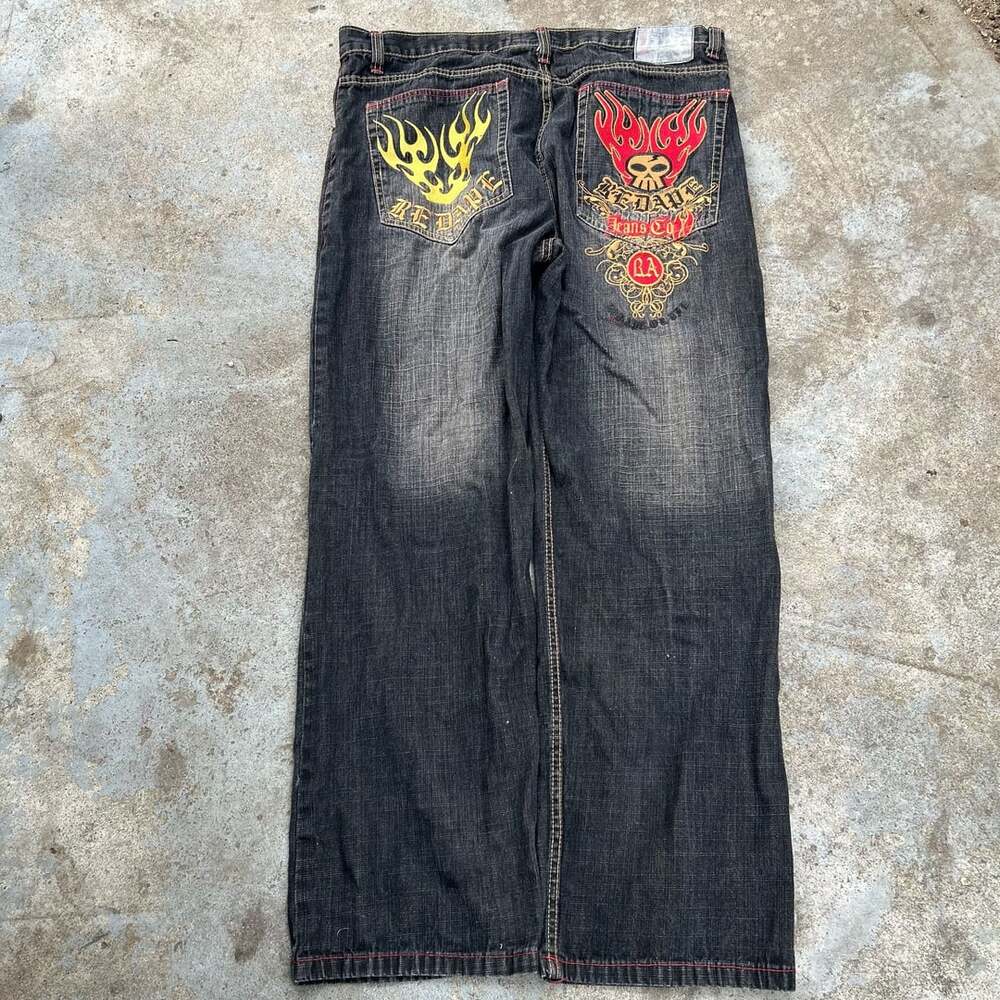 Y2k Red Ape Jeans Black Denim Jeans Flame Skull Embroidered Skater Baggy